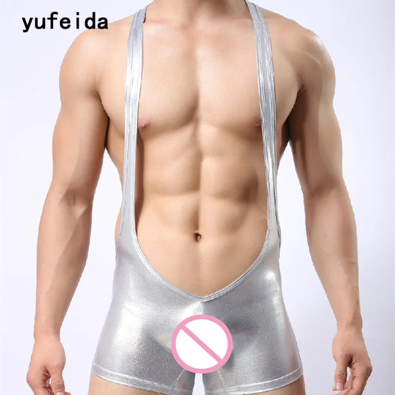 YUFEIDA Sexy Men's Lingerie Bodysuit Wrestling Singlet Brilliant Gold Jumpsuits Bodybuilding Leather Leotard Brace Erotic Linger | Мужская