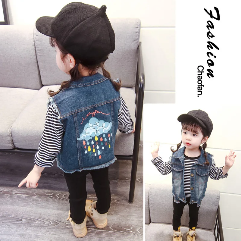 Джинсовый жилет для маленьких девочек Новое поступление повседневный с облачным