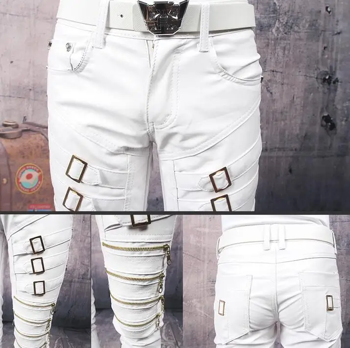 Black red white personality fashion mens motorcycle leather pants punk slim pant feet trousers multi-zipper pantalon homme | Мужская