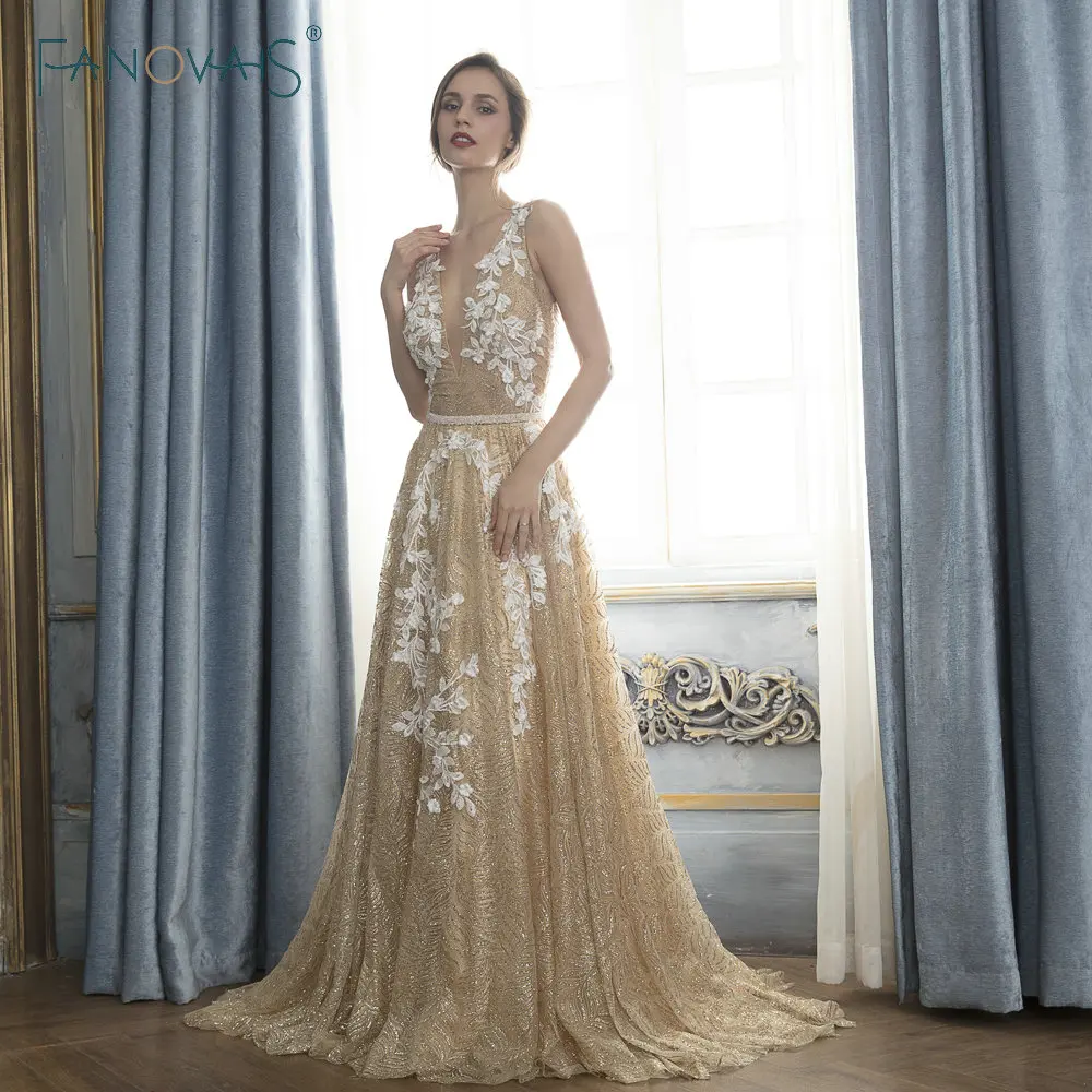 Золотые Вечерние Платья Длинные Сверкающие Блеск Vestido De Festa Longo 2019 Robe Soiree Кружева