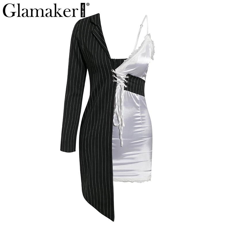 Черный Glamaker, кружевное сатиновое летнее платье, vestidos de fiesta, на шнуровке, Короткое женское платье, на одно плечо, в полоску, летнее платье, лоскутное, сексуальное платье - Цвет: Черный