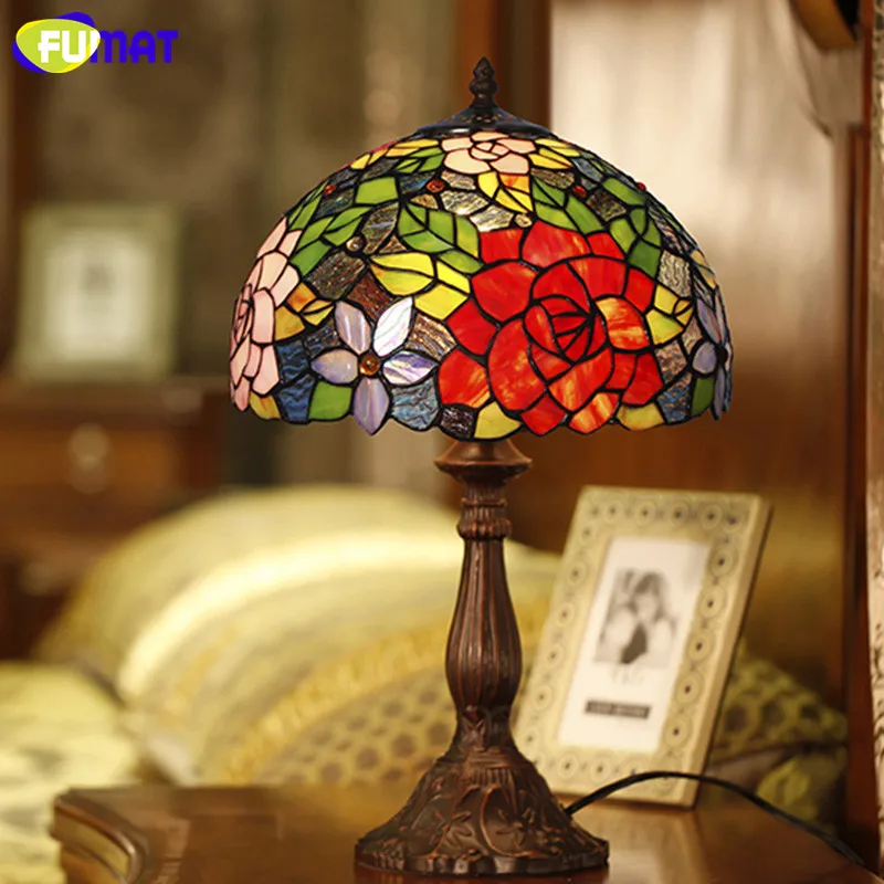 

FUMAT Glass Art Table Lamp European Style Rose Stained Glass Lamp Living Room Hotel Bedside Table Light Wedding Gift Table Lamp