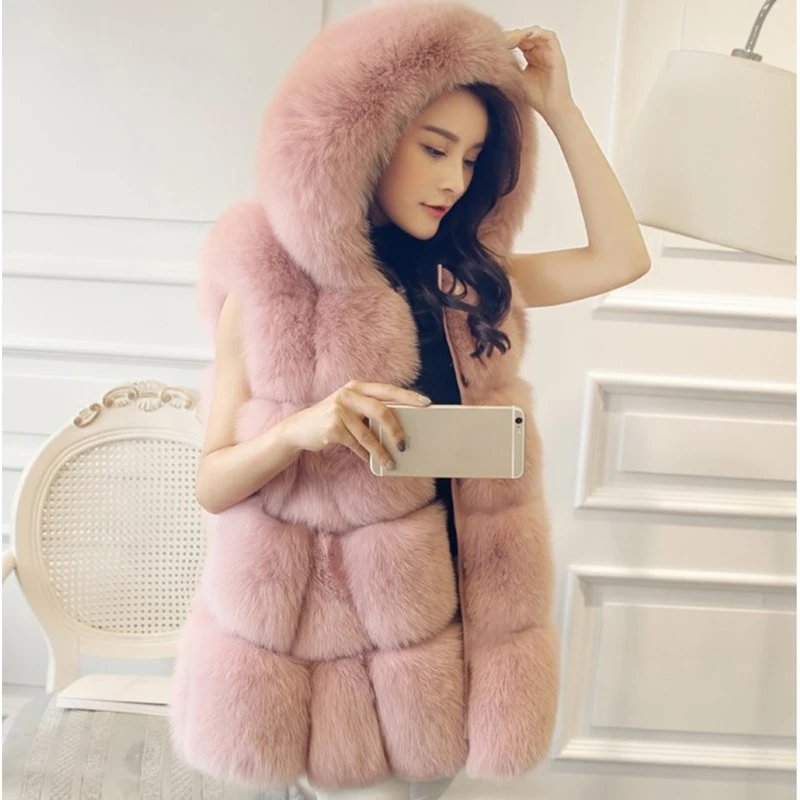 Pink Fur Vest Plegie Высококачественный меховой жилет с капюшоном пальто из искусственного меха для женщин зимняя верхняя одежда квадратная куртка из искусственного меха с карманами меховое пальто с капюшоном - Цвет: Pink Fur Vest