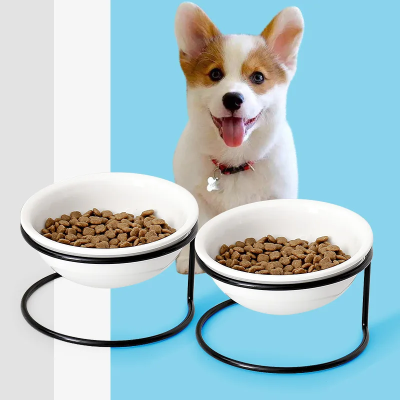 

New Ceramics Dog Cat Feeder Iron Frame Holder Puppy Pet Bowl Fish Bone Print Non Slip Food Water Dog Bowl Pet Supplies