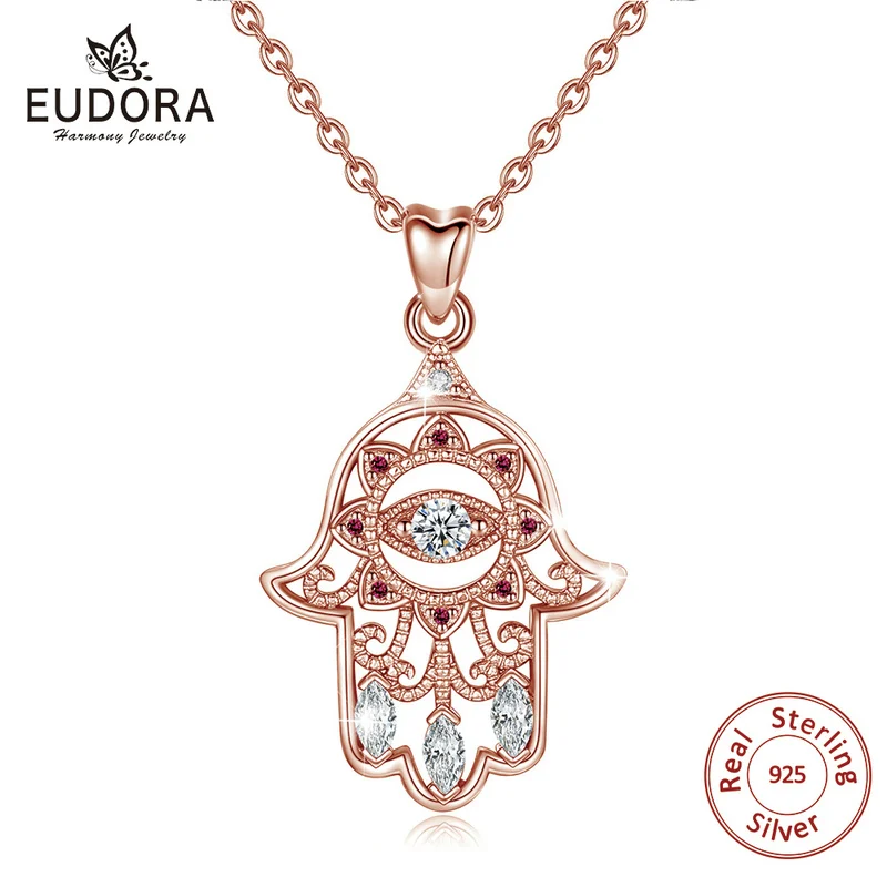

EUDORA Eye Real 925 Sterling Silver Zircon Hamsa Hand of Fatima Necklace Lady Purple Pendant Fine Jewelry Exquisite Women Gifts