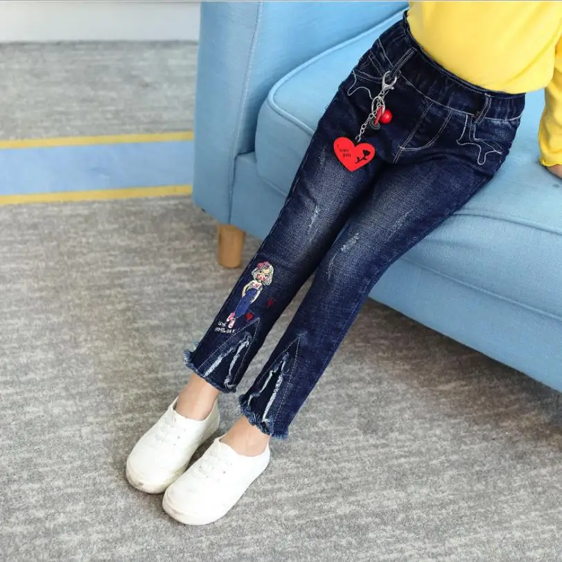 Baby girl clothes denim pants elastic waist cute print jeans spring autumn new brand boot cut trousers children ws179 |