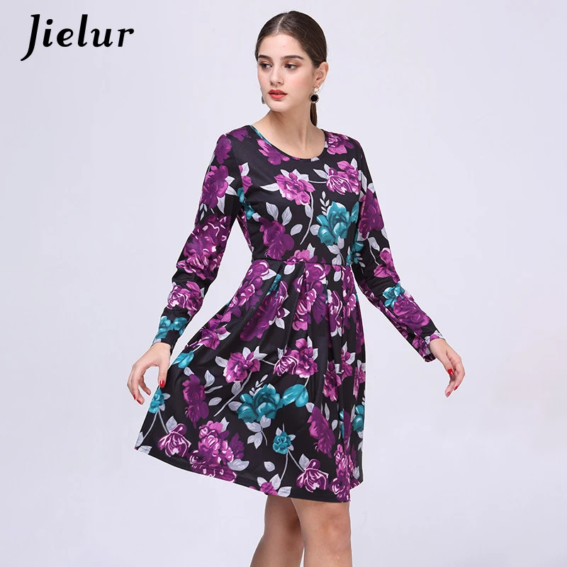 Jielur осень 2019 модное Цветочное платье с длинным рукавом женское элегантное vestidos