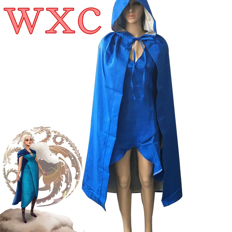 Game of Thrones Daenerys Targaryen Cosplay Costumes Sex Sleeveless Dress Electric Blue Cloak Halloween WXC |
