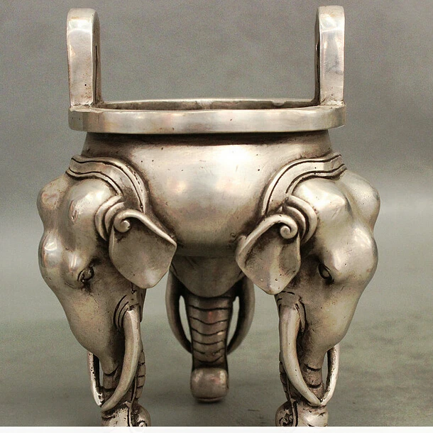 

decoration bronze factory outlets Tibet Silver Chinese Collect Buddhism Brass Silver Elephant Head Statue Incense Burner Censer