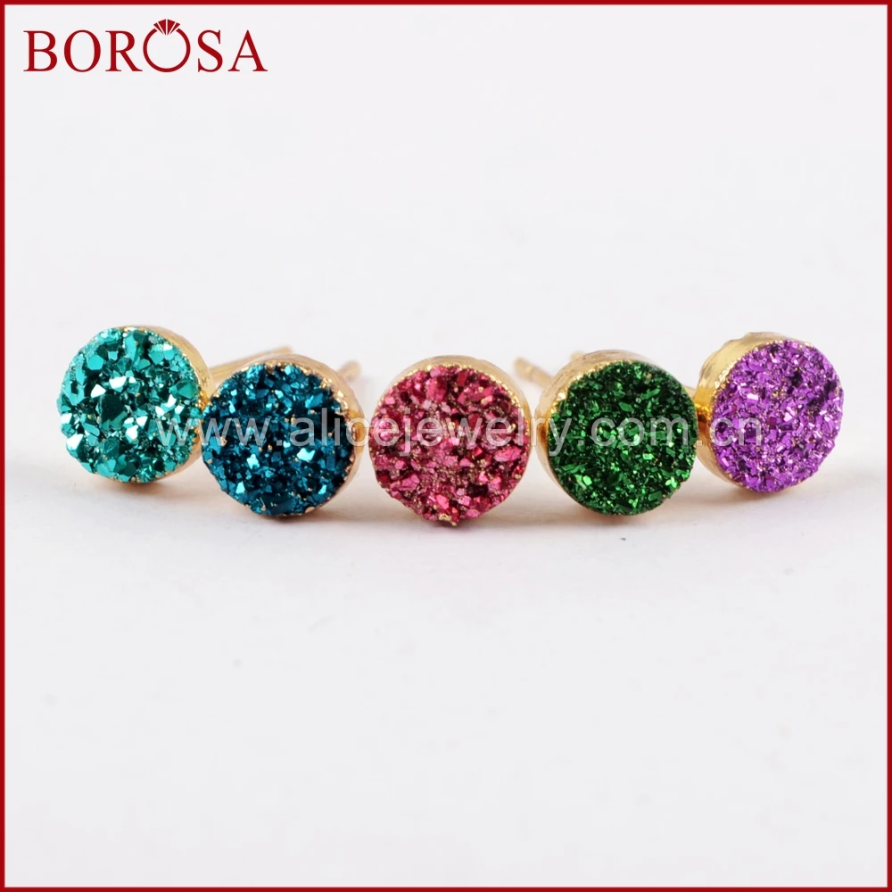 Женские круглые серьги гвоздики BOROSA из титана с радужными натуральными агатами
