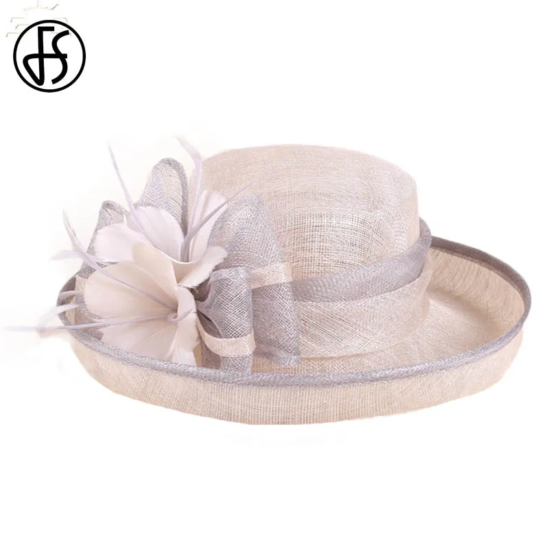 Beige Gray Женская льняная шляпка FS, широкополая шляпа с бантом и декоративным цветком, для церкви и торжественных случаев, черно-белая, летняя - Цвет: Beige Gray
