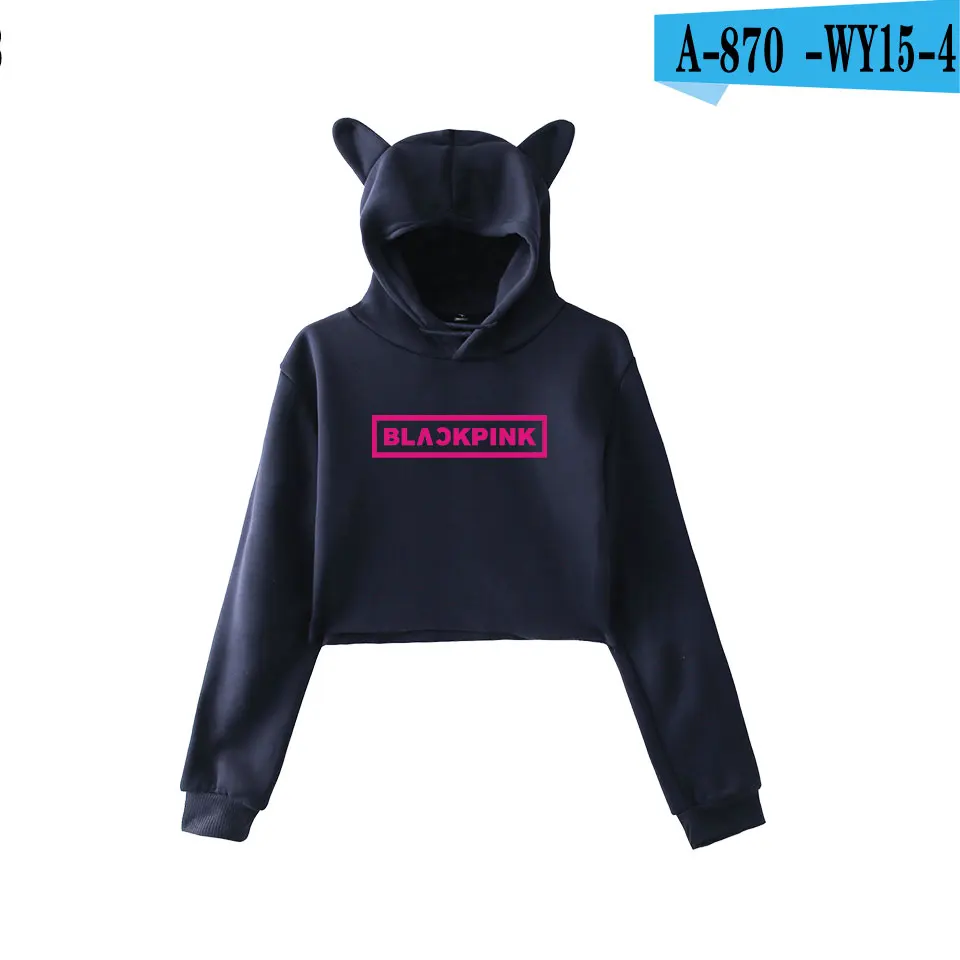 WEJNXIN Kawaii худи с кошачьими ушами для женщин Kpop BLACKPINK вентиляторы Толстовка поддержка дамы BLACKPINK Письмо печати укороченный Топы Одежда - Цвет: Navy