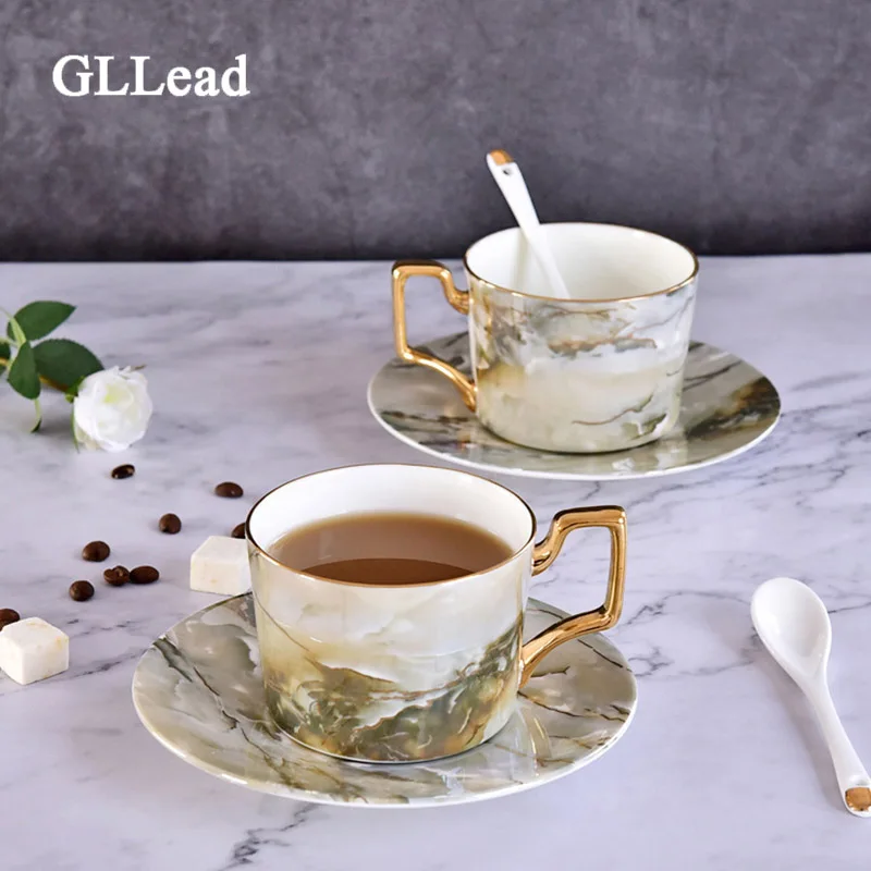 Фото Креативная керамическая чашка GLLead с мраморной глазурью и блюдцем костяной Креативная керамическая чашка GLLead с мраморной глазурью и блюдцем костяной