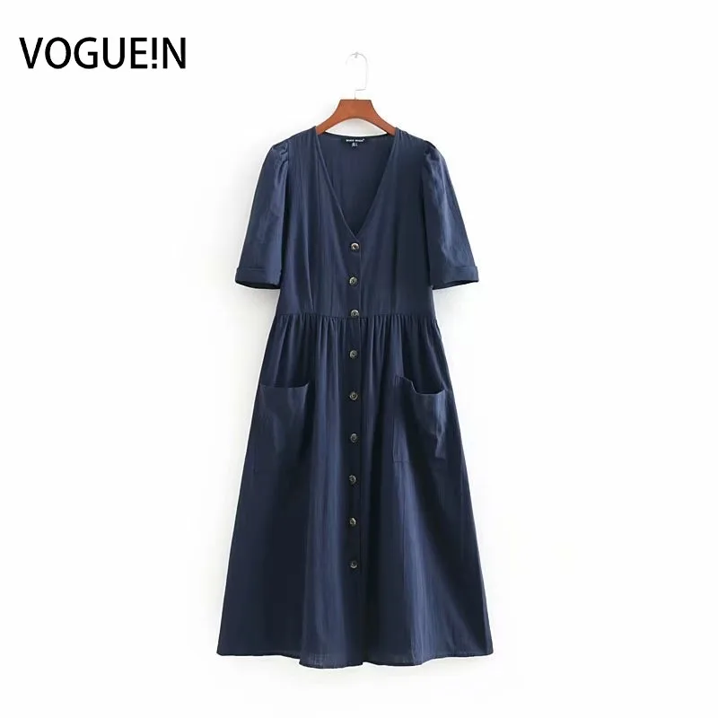 Женское повседневное темно синее платье VOGUEIN летнее средней длины с короткими