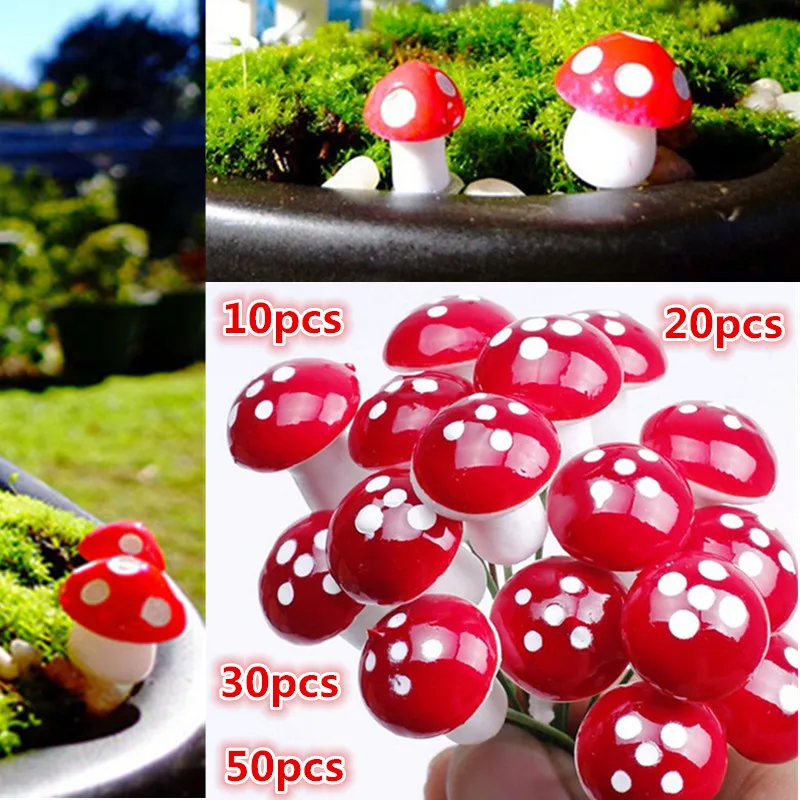

Hot! New 10Pcs-50Pcs 2cm Artificial Mini Mushroom Miniatures Fairy Garden Moss Terrarium Resin Crafts Stakes Craft Garden Decor