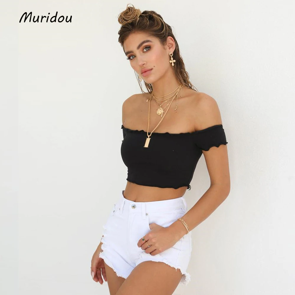 Muridou Slash шеи Черный 2018 футболки Повседневное с открытыми плечами вечерние