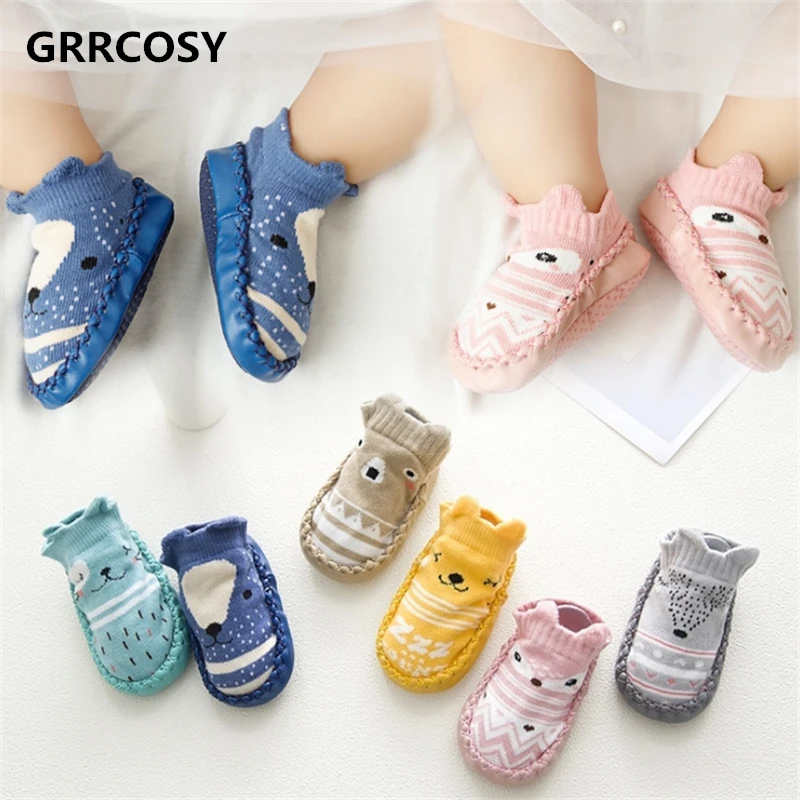 GRRCOSY/детские носки тапочки Нескользящие кожаные с резиновой подошвой для малышей