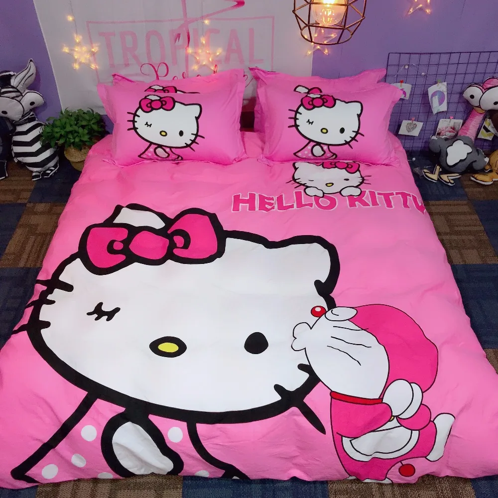 Набор постельного белья из хлопка с рисунком hello kitty, пододеяльник, простыня, наволочка, мягкий, розовый, белый, клубника, король, королева, размер, Комплект постельного белья
