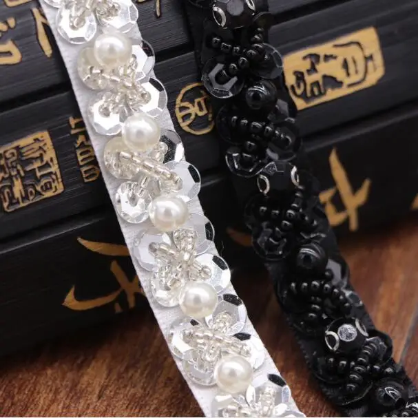 

10Yards White Black Pearl Trims Exquisite Accessories Handmade Sequins Bridal Beaded Rhinestone Lace Appliques For Wedding Dress
