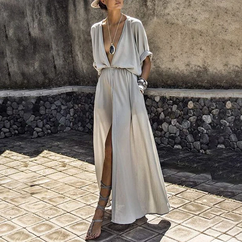 Summer Long Maxi Dress Female Casual Loose Beach Ankle-Length Empire Heigh Quality V-Neck Split Women Boho | Женская одежда