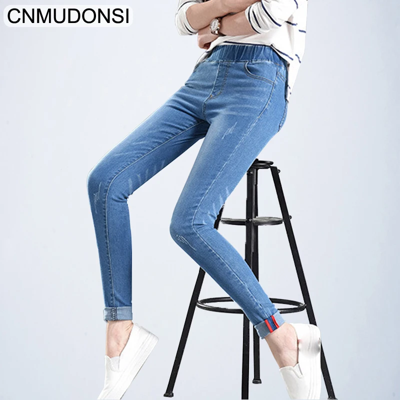 Женские джинсовые брюки с эластичной резинкой на талии синие черные размера плюс