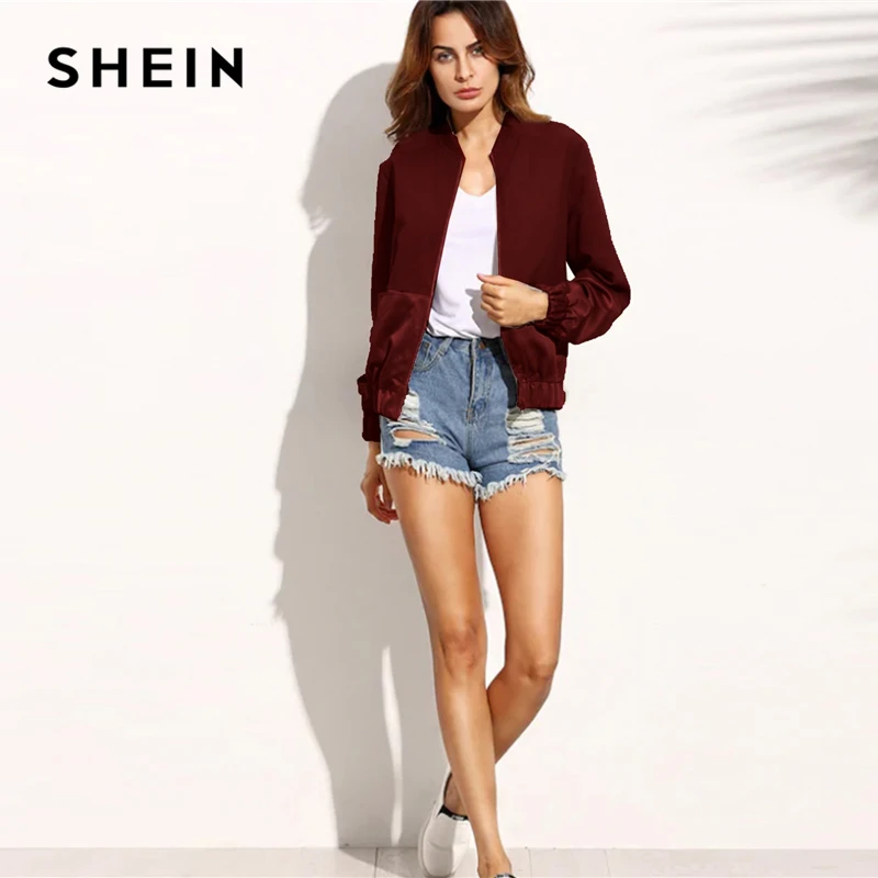 SHEIN Контрастная Куртка- Бомбер Женская Повседневная Стильная Куртка На Молнии С Карманами И Стоячим Воротником