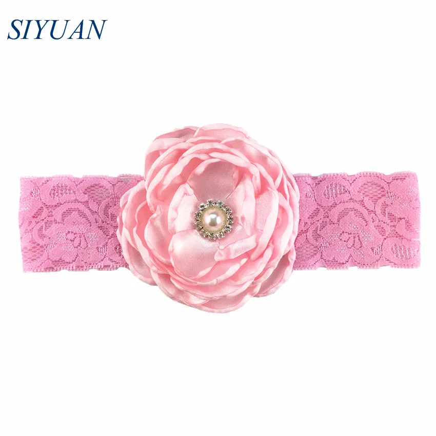 1pcs/lot Elastic Lace Headband with Luxe 7 Layer Burned Satin Flower Rhinstone Button Centered Girl Party Headwear HB066 | Аксессуары