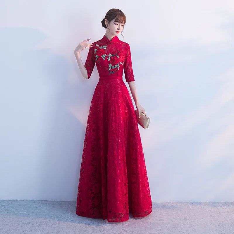 Кружево Qipao Длинные невесты свадебное вечернее платье современные китайские