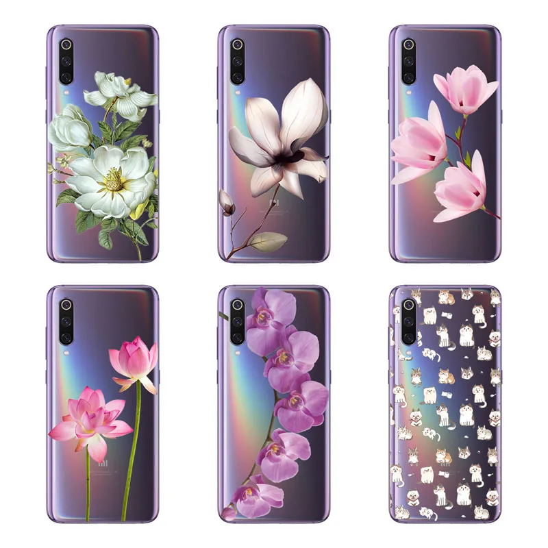 Xiaomi Mi 9 Case Silicon Black Painting Flower Soft TPU Back Cover for SE Protect Phone Cases Shell |