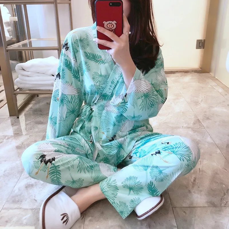 

2019 Autumn Winter Print Kimono Pajama Sets for Women Long Sleeve Pyjama Sleepwear Homewear Pijama Mujer Loungewear Home Clothes