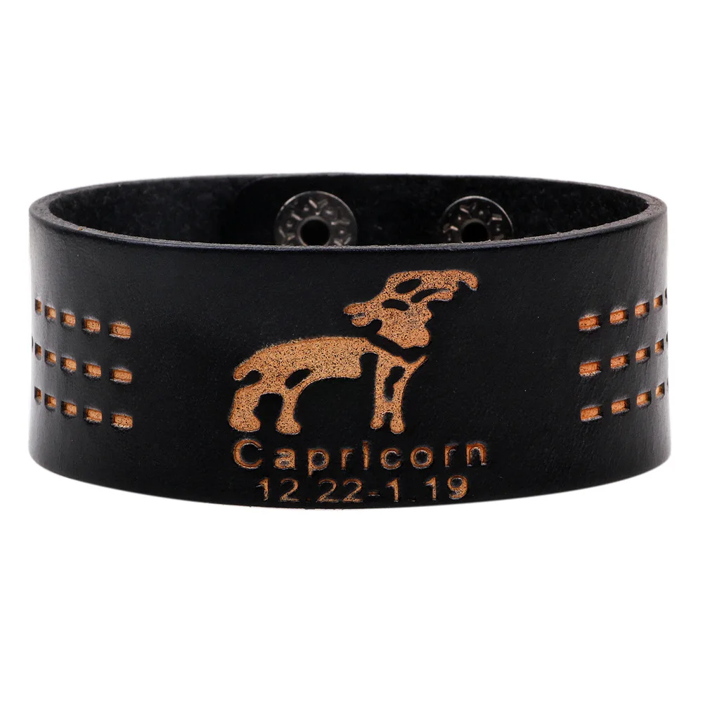 Capricornus Kirykle 12 Знак Созвездие зодиака коричневый широкий кожаный браслет с раком Leo Virgo Libra женские ювелирные изделия панк мужской браслет - Окраска металла: Capricornus