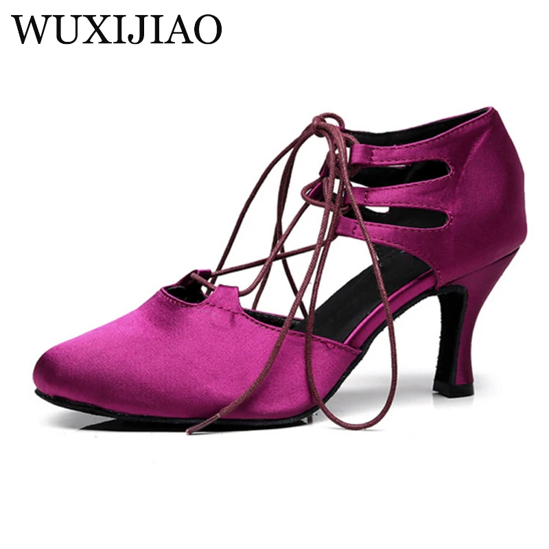 WUXIJIAO/новейшие модели женских черных и фиолетовых бандажных туфель для латинских