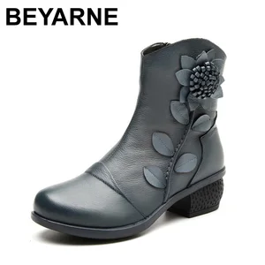 Женские ботильоны из натуральной кожи, теплые ботинки с косой молнией, с цветочным принтом, красные, черные, синие, на зиму