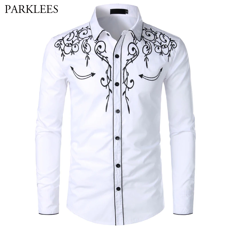 

White Floral Embroidery Shirt Men 2019 Brand New Long Sleeve Mens Dress Shirts Slim Fit Casual Shirt Male Camisa Masculina XXL
