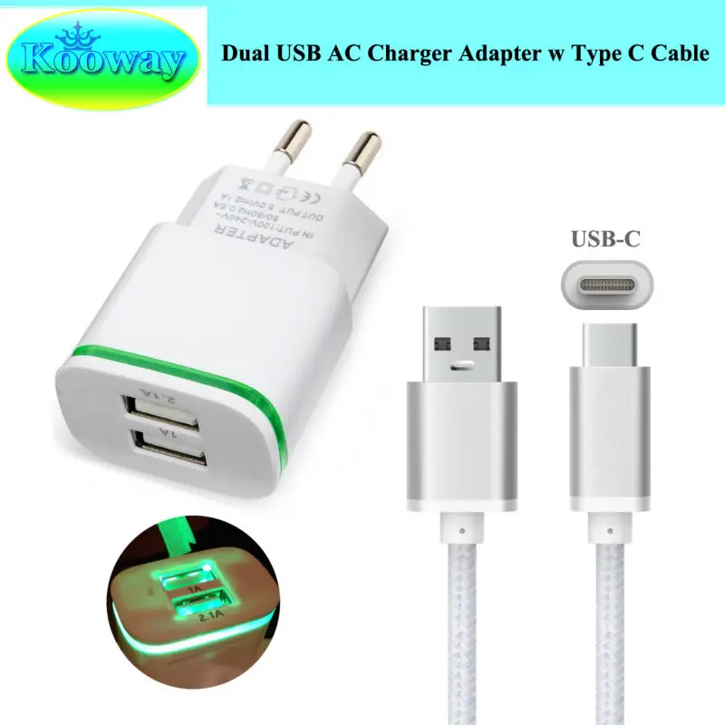 Сетевое зарядное устройство 2 а с двумя USB портами и зарядным кабелем 3 фута типа C