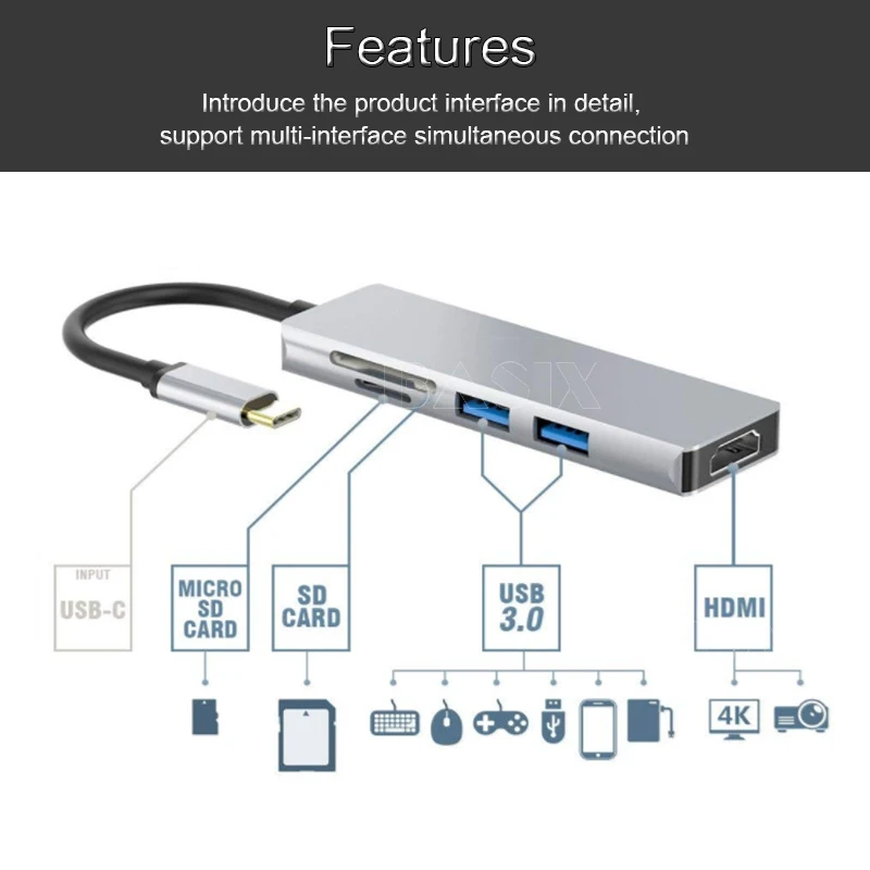 Хаб Basix type C Usb к HDMI 4K адаптер USB 3 0 хаб сплиттер SD/TF кард ридер конвертер для MacBook pro