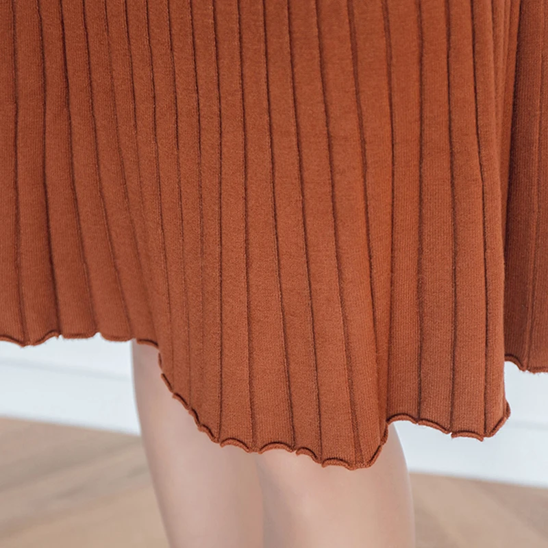 

New Autumn Woman Knitted Mid Dress Full Sleeve Ladies Casual A-line Dress Slim Female Knitting Knee-length Dress for Woman