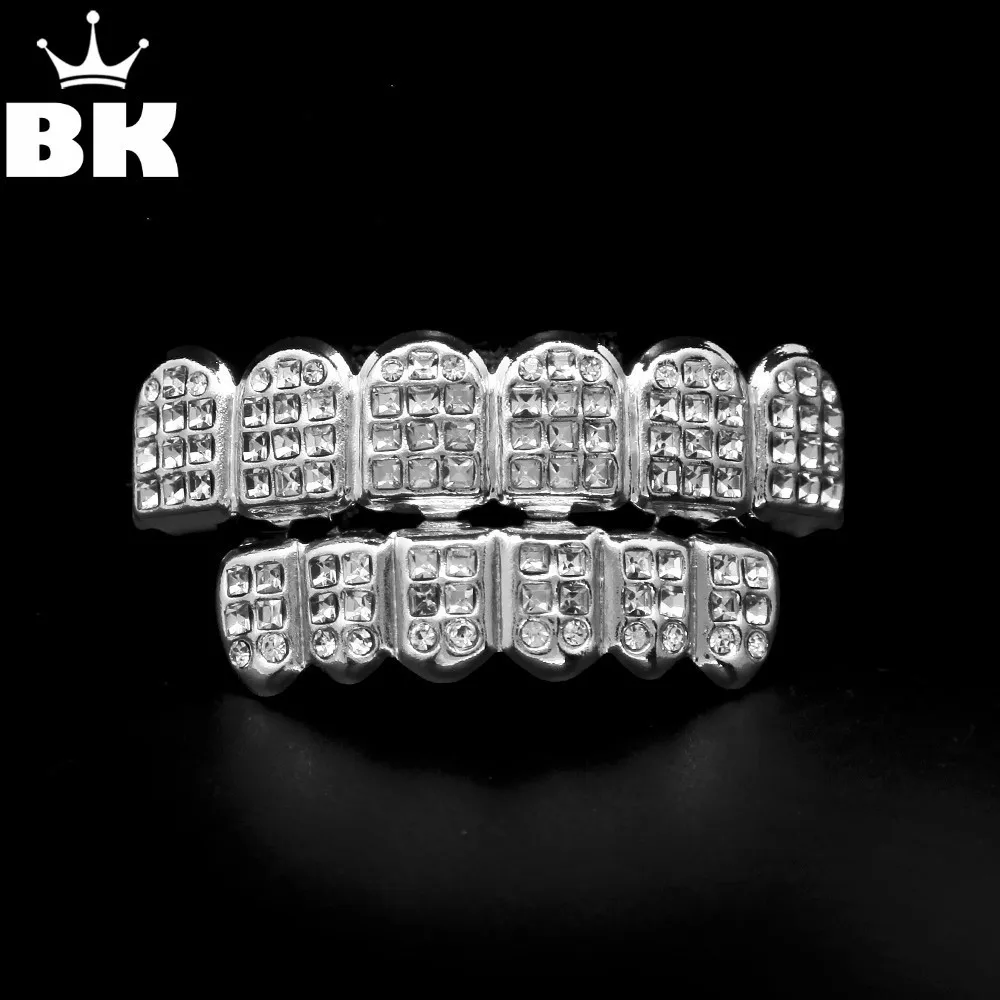 White Gold ICED OUT CZ Diamonds Teeth Top silver color Tone 3 Three Rows GRILL Set JOKER Tooth BlingGrillz