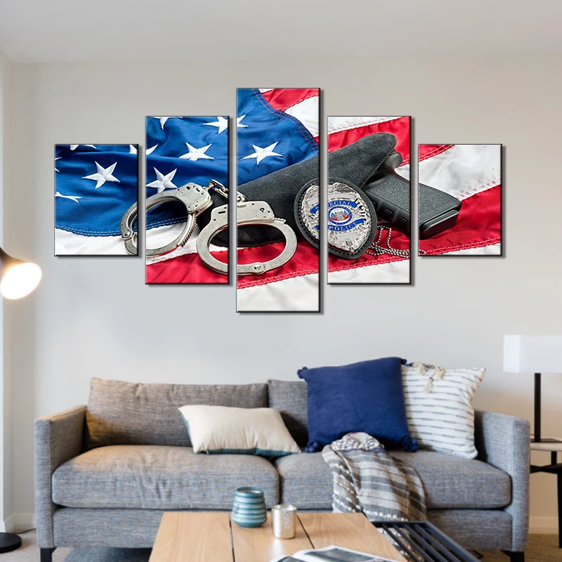 American Flag Wall Art for Living Room Police Badge Pictures Law Enforcement in the United States 5 Panel Canvas Artwork Modern | Дом и сад