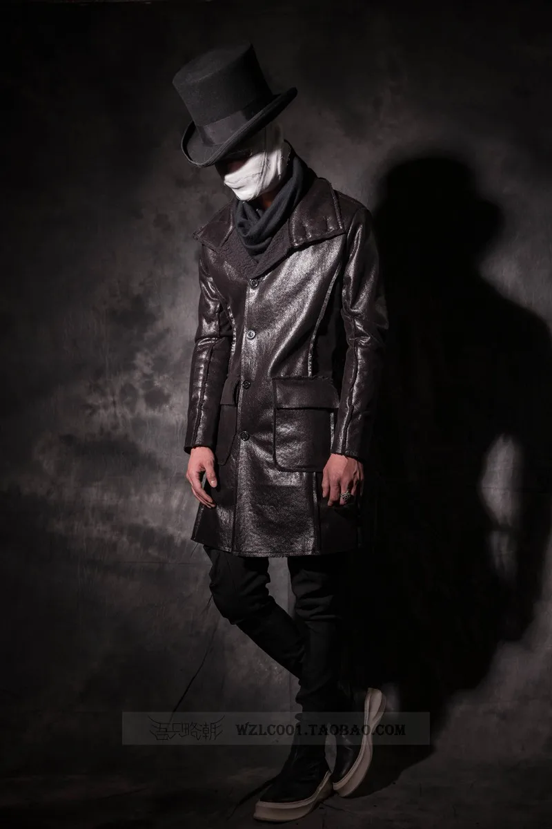 

2017 male slim turn-down collar leather clothing male medium-long slim waist plus velvet thermal patent leather