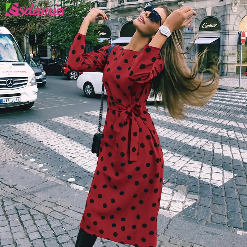 Женское платье в горошек ESDAMIER повседневное осеннее вечернее с длинным рукавом и