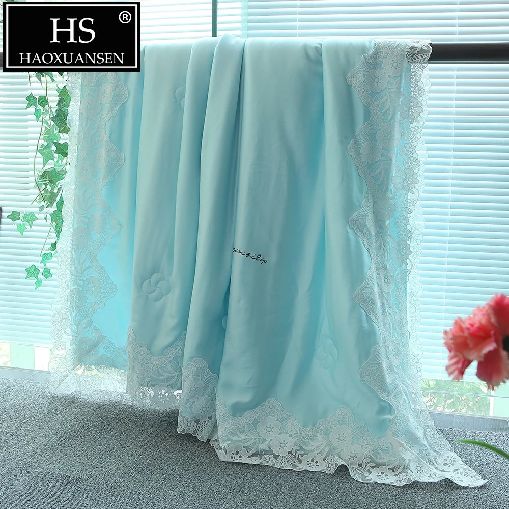 Goede Blauw Kant Dunne Dekbed 100% Lyocell Tencel Zomer Airconditioning Dekbed Voor Volwassen Bed Cover Deken Queen King Size