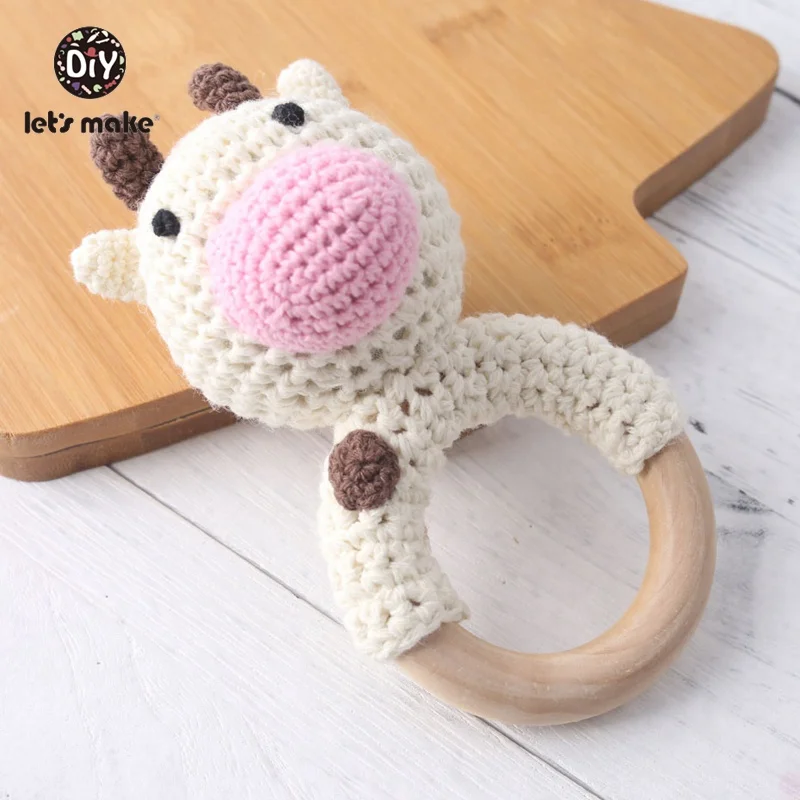 Cow Детские игрушки, 1 шт., деревянный прорезыватель, вязанный крючком, погремушка, слон, колокольчик, игрушка для новорожденных, амигуруми, прорезыватель, вязаные погремушки, подарок, давайте сделаем - Цвет: Cow
