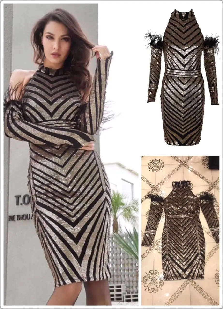 

Women Off Shoulder elegance black Sequined O-Neck long sleeve dress 2018 New Vestidos Celebrity party Bandage bodycon dresses