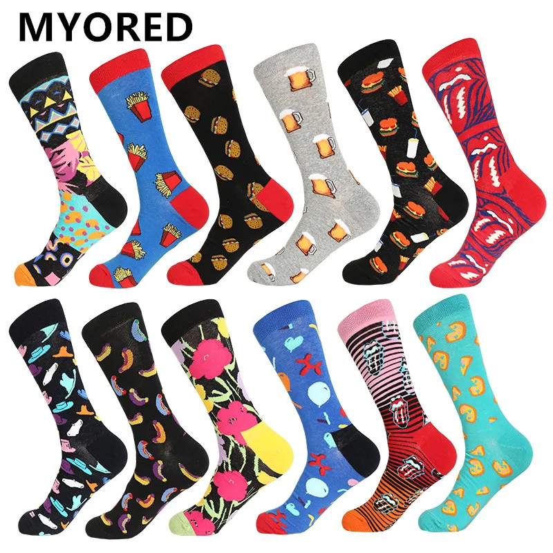 MYORED 12pairs/Lot Colorful Men's Dress Socks Avocado casual tube striped plaid pattern comfortable party gift classic socks