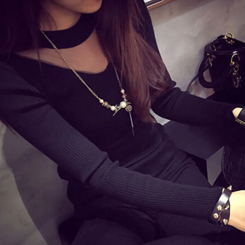 Женщины Топы Вязаный Футболку Femme О-Образным Вырезом С Длинным Рукавом