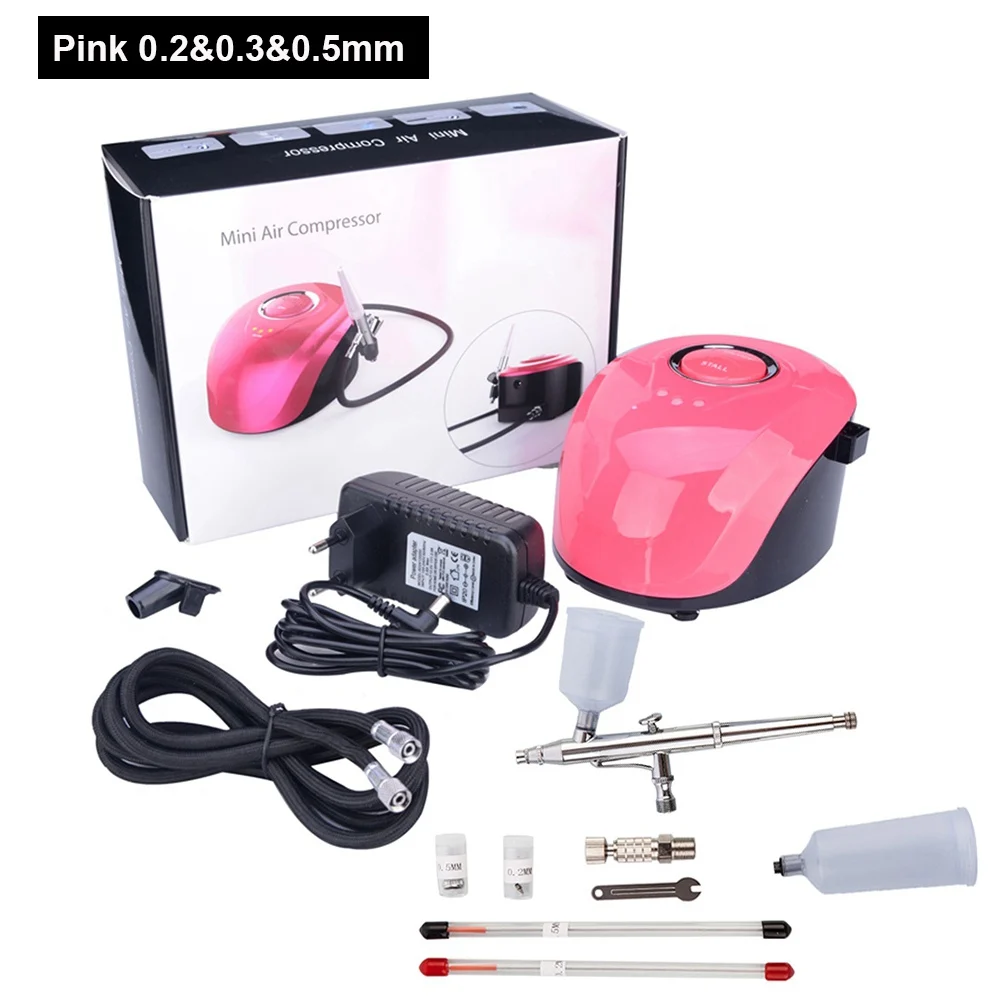 Pink Airbrush Set1 0,2& 0,3& 0,5 мм 3 насадки Аэрограф с компрессором Двойное действие Спрей модель оружия DIY тату торт краска для ногтей аэрограф 3 режима скорости - Цвет: Pink Airbrush Set1