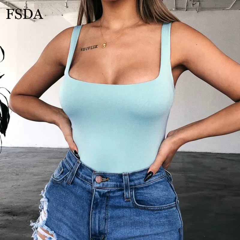 Light Blue FSDA квадратный воротник неоновый зеленый без рукавов боди Лето Спагетти ремень уличная одежда с открытой спиной сексуальный Повседневный Женский обтягивающий комбинезон - Цвет: Light Blue