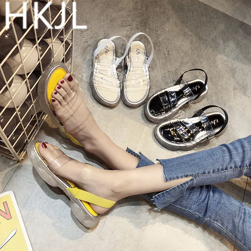 HKJL/женские прозрачные сандалии на мягкой подошве в Корейском стиле; Летняя женская обувь с открытым носком и эластичным ремешком; сандалии на плоской подошве; A471