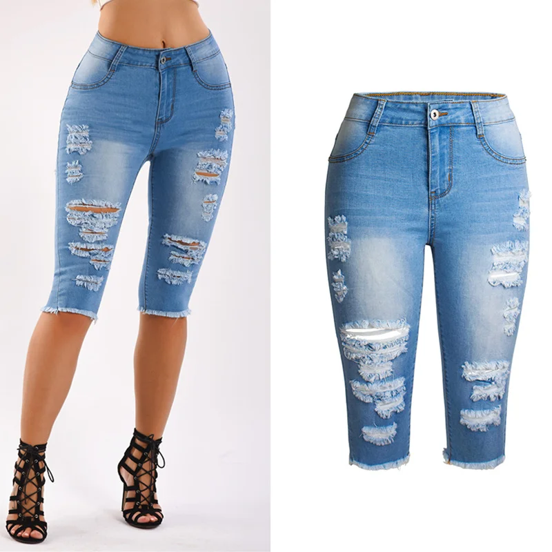 Джинсы LOGAMI женские рваные до колен летние мото байкерские шорты карандаш из